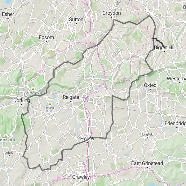 Map miniature of "The Biggin Hill Loop" cycling inspiration in Outer London — South, United Kingdom. Generated by Tarmacs.app cycling route planner