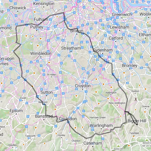 Map miniature of "Biggin Hill to Penge Cycling Route" cycling inspiration in Outer London — South, United Kingdom. Generated by Tarmacs.app cycling route planner