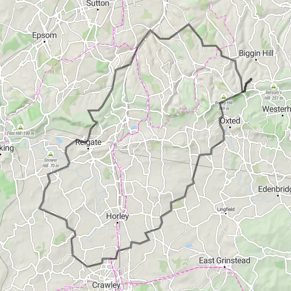 Map miniature of "Challenging Road Route from Botley Hill to Tatsfield" cycling inspiration in Outer London — South, United Kingdom. Generated by Tarmacs.app cycling route planner