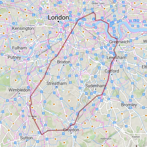 Map miniature of "Nature and City Blend Gravel Route" cycling inspiration in Outer London — South, United Kingdom. Generated by Tarmacs.app cycling route planner