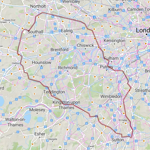Map miniature of "Gravel Adventure through Southwest London" cycling inspiration in Outer London — South, United Kingdom. Generated by Tarmacs.app cycling route planner