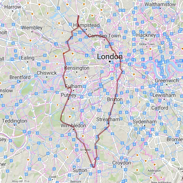 Map miniature of "Wimbledon and Hampstead Gravel Loop" cycling inspiration in Outer London — South, United Kingdom. Generated by Tarmacs.app cycling route planner