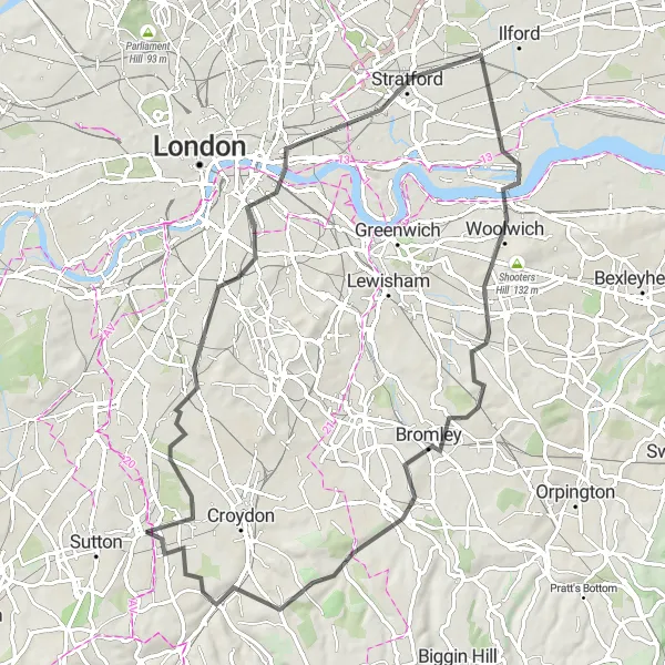 Map miniature of "Road to Historic Landmarks" cycling inspiration in Outer London — South, United Kingdom. Generated by Tarmacs.app cycling route planner