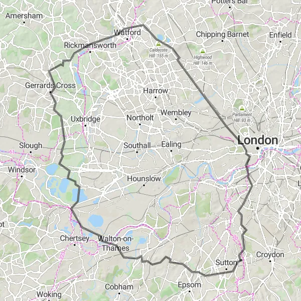 Map miniature of "Countryside Escape and Cultural Highlights" cycling inspiration in Outer London — South, United Kingdom. Generated by Tarmacs.app cycling route planner