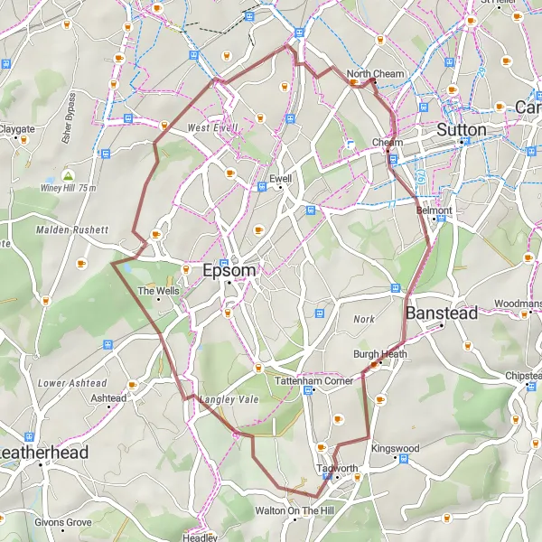 Map miniature of "Cheam Gravel Loop" cycling inspiration in Outer London — South, United Kingdom. Generated by Tarmacs.app cycling route planner