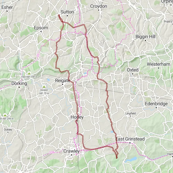 Map miniature of "The Gravel Challenge" cycling inspiration in Outer London — South, United Kingdom. Generated by Tarmacs.app cycling route planner