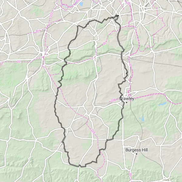 Map miniature of "Cheam to Reigate Loop" cycling inspiration in Outer London — South, United Kingdom. Generated by Tarmacs.app cycling route planner