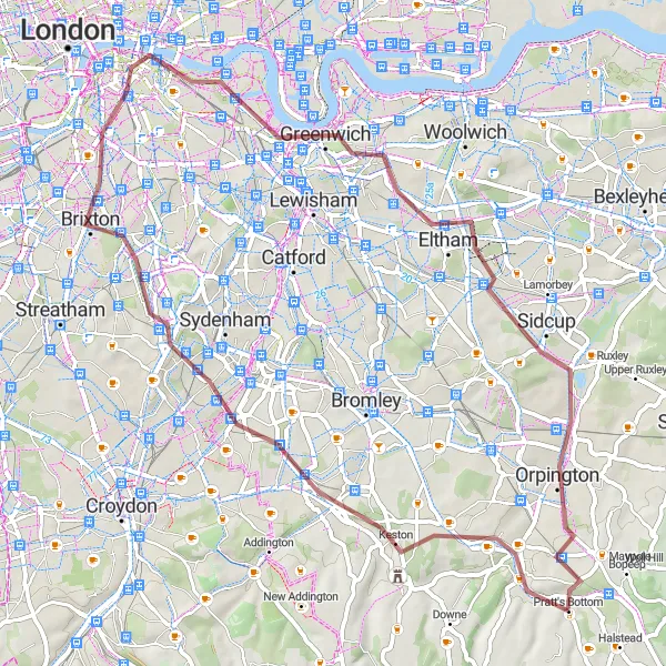 Map miniature of "Gravel Adventure" cycling inspiration in Outer London — South, United Kingdom. Generated by Tarmacs.app cycling route planner