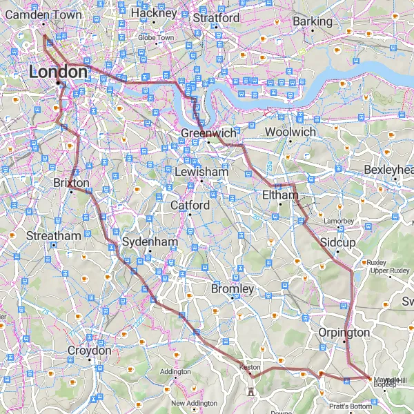 Map miniature of "London's Gravel Gems" cycling inspiration in Outer London — South, United Kingdom. Generated by Tarmacs.app cycling route planner