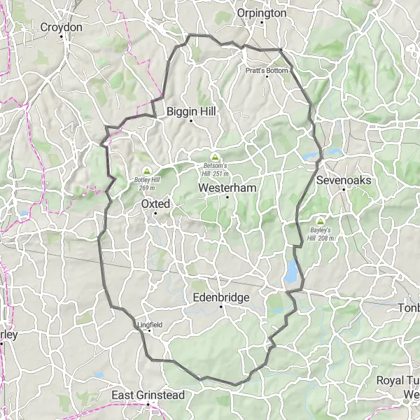 Map miniature of "Chelsfield Circular Road Cycling Route" cycling inspiration in Outer London — South, United Kingdom. Generated by Tarmacs.app cycling route planner