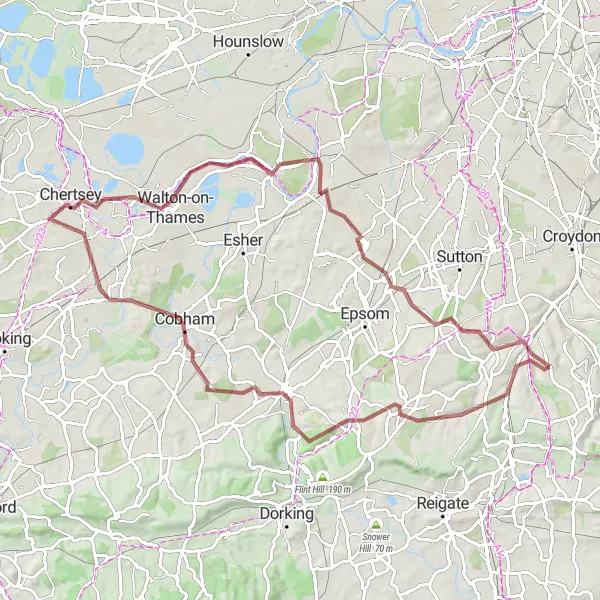 Map miniature of "Surrey Hills Gravel Challenge" cycling inspiration in Outer London — South, United Kingdom. Generated by Tarmacs.app cycling route planner