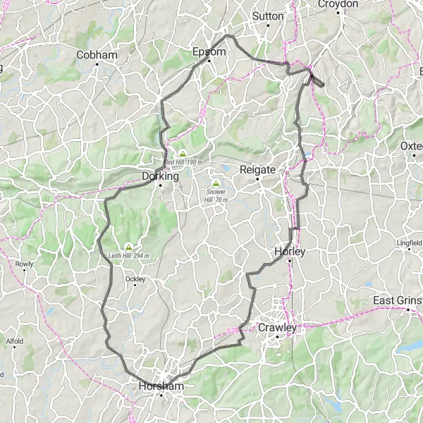 Map miniature of "Horsham and Epsom Adventure" cycling inspiration in Outer London — South, United Kingdom. Generated by Tarmacs.app cycling route planner