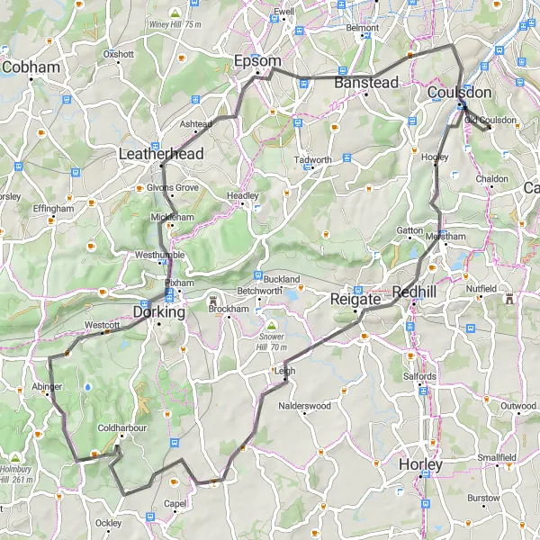 Map miniature of "Surrey Hills Loop" cycling inspiration in Outer London — South, United Kingdom. Generated by Tarmacs.app cycling route planner