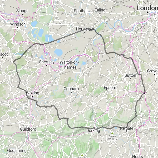 Map miniature of "Surrey Hills Challenge" cycling inspiration in Outer London — South, United Kingdom. Generated by Tarmacs.app cycling route planner