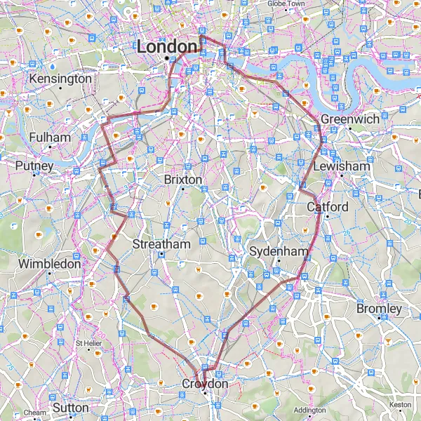 Map miniature of "The Gravel Wander" cycling inspiration in Outer London — South, United Kingdom. Generated by Tarmacs.app cycling route planner