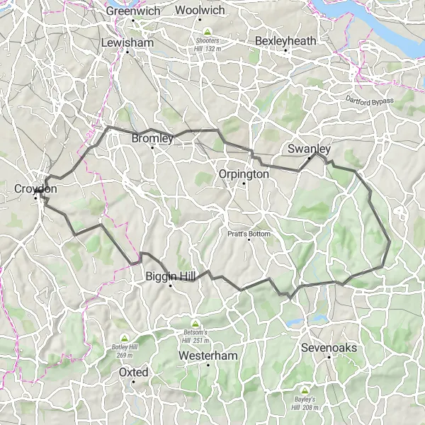 Map miniature of "The Hills and Valleys Road Cycling Challenge" cycling inspiration in Outer London — South, United Kingdom. Generated by Tarmacs.app cycling route planner