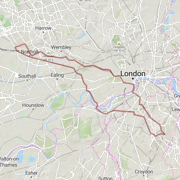 Map miniature of "Gravel Adventure from Crystal Palace to West London" cycling inspiration in Outer London — South, United Kingdom. Generated by Tarmacs.app cycling route planner