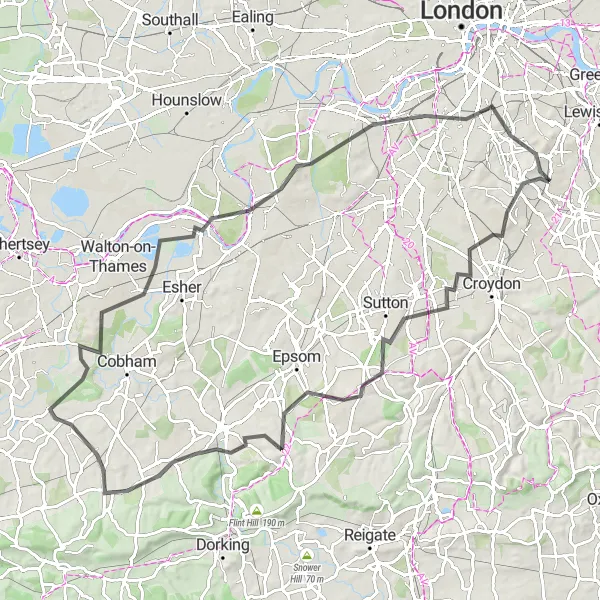 Map miniature of "Crystal Palace to Kingston upon Thames" cycling inspiration in Outer London — South, United Kingdom. Generated by Tarmacs.app cycling route planner