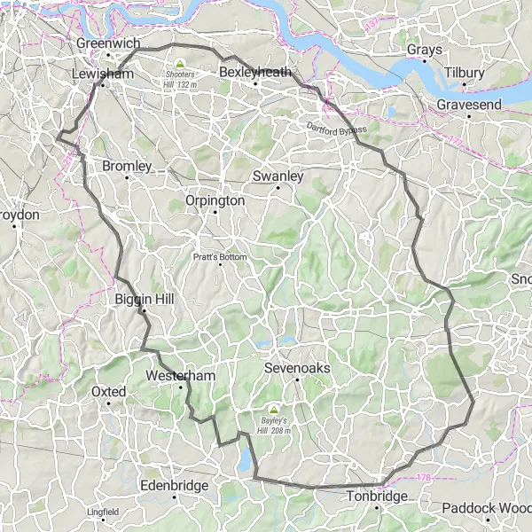 Map miniature of "Crystal Palace to West Kent: A Journey Through Time" cycling inspiration in Outer London — South, United Kingdom. Generated by Tarmacs.app cycling route planner