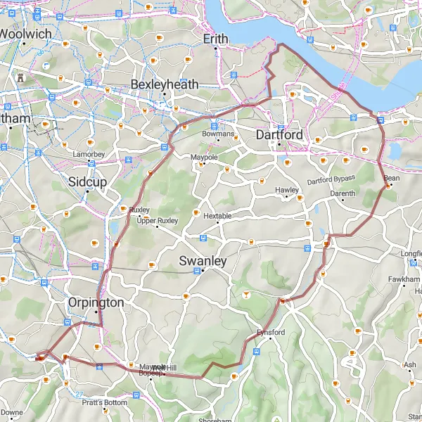 Map miniature of "Gravel Adventure to Bexley and Beyond" cycling inspiration in Outer London — South, United Kingdom. Generated by Tarmacs.app cycling route planner