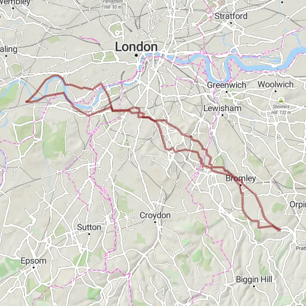 Map miniature of "Surrey Hills Gravel Challenge" cycling inspiration in Outer London — South, United Kingdom. Generated by Tarmacs.app cycling route planner