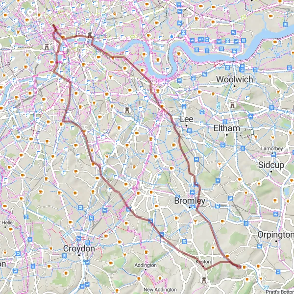 Map miniature of "Keston Loop" cycling inspiration in Outer London — South, United Kingdom. Generated by Tarmacs.app cycling route planner