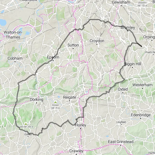 Map miniature of "Botley Hill Explorer" cycling inspiration in Outer London — South, United Kingdom. Generated by Tarmacs.app cycling route planner