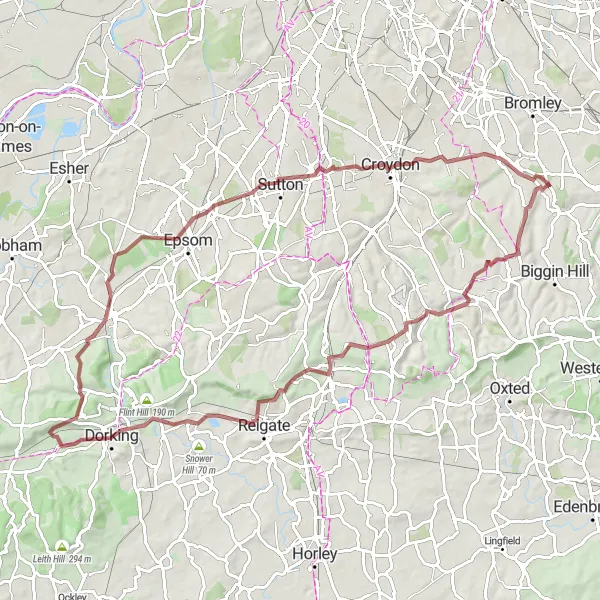 Map miniature of "The Chelsham Loop: Gravel Delight" cycling inspiration in Outer London — South, United Kingdom. Generated by Tarmacs.app cycling route planner