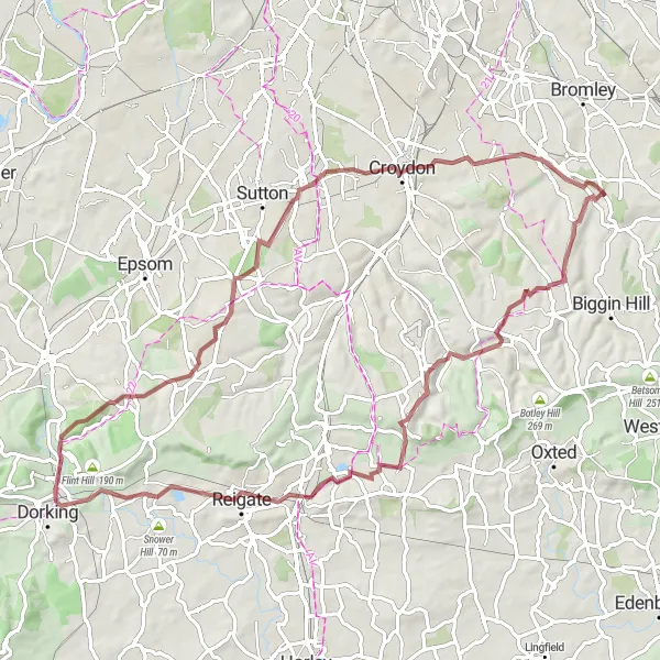 Map miniature of "Gravel Adventure in Outer London" cycling inspiration in Outer London — South, United Kingdom. Generated by Tarmacs.app cycling route planner