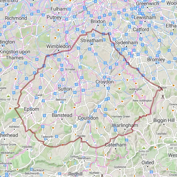 Map miniature of "Gravel Adventures around Hayes" cycling inspiration in Outer London — South, United Kingdom. Generated by Tarmacs.app cycling route planner