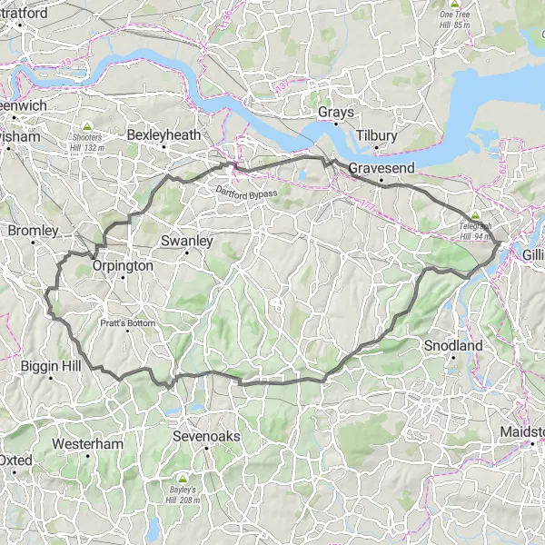 Map miniature of "Road Cycling Expedition: Cray to Keston" cycling inspiration in Outer London — South, United Kingdom. Generated by Tarmacs.app cycling route planner
