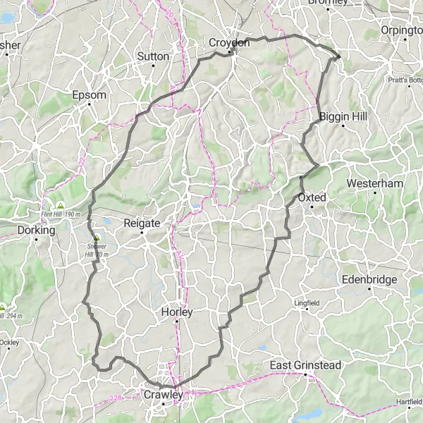 Map miniature of "Hidden Gems Road Trip" cycling inspiration in Outer London — South, United Kingdom. Generated by Tarmacs.app cycling route planner