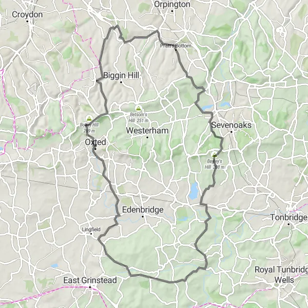 Map miniature of "The Hills of Hayes" cycling inspiration in Outer London — South, United Kingdom. Generated by Tarmacs.app cycling route planner