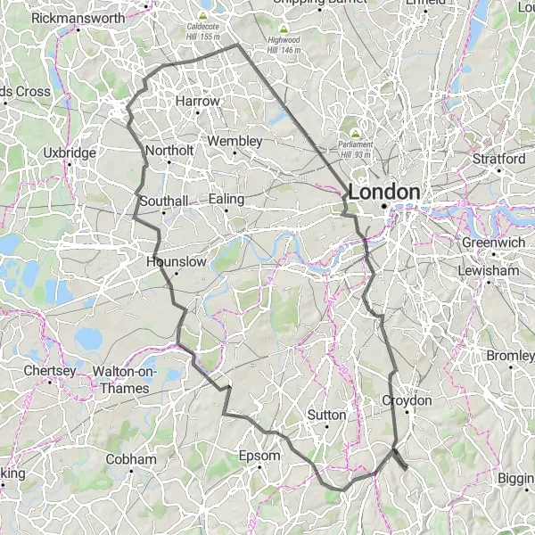 Map miniature of "The Kenley Hill Challenge" cycling inspiration in Outer London — South, United Kingdom. Generated by Tarmacs.app cycling route planner