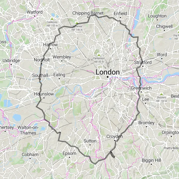 Map miniature of "Hills and History: Banstead to Greenwich" cycling inspiration in Outer London — South, United Kingdom. Generated by Tarmacs.app cycling route planner