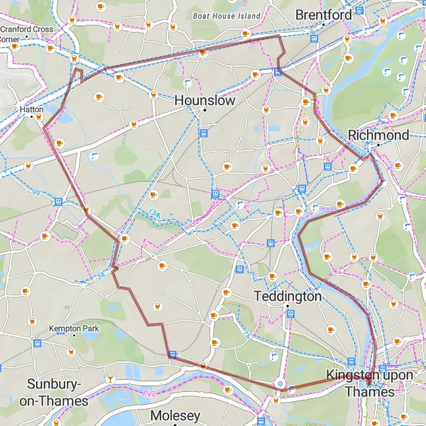 Map miniature of "Leisurely Gravel Ride to King Henry VIII's Mound" cycling inspiration in Outer London — South, United Kingdom. Generated by Tarmacs.app cycling route planner