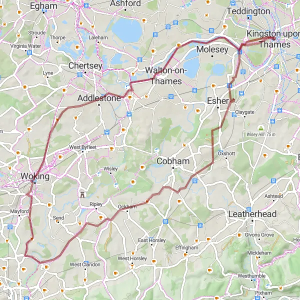 Map miniature of "Scenic Gravel Ride to Addlestone" cycling inspiration in Outer London — South, United Kingdom. Generated by Tarmacs.app cycling route planner