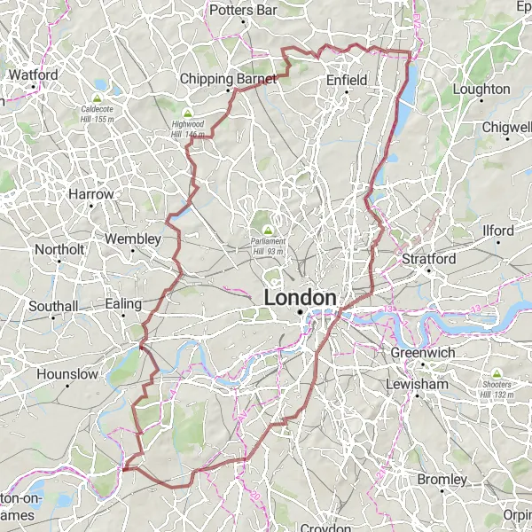 Map miniature of "Kingston Gravel Adventure" cycling inspiration in Outer London — South, United Kingdom. Generated by Tarmacs.app cycling route planner