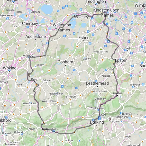 Map miniature of "Scenic Ride to Walton-on-Thames" cycling inspiration in Outer London — South, United Kingdom. Generated by Tarmacs.app cycling route planner