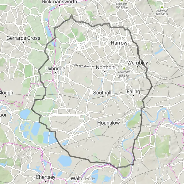 Map miniature of "Kingston to Belmont Circuit" cycling inspiration in Outer London — South, United Kingdom. Generated by Tarmacs.app cycling route planner