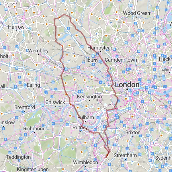 Map miniature of "West London Gravel Escape" cycling inspiration in Outer London — South, United Kingdom. Generated by Tarmacs.app cycling route planner