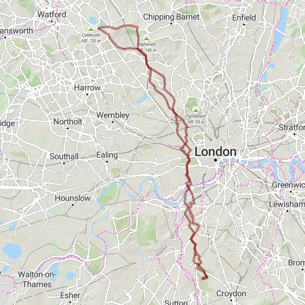 Map miniature of "Historical Gravel Cycling" cycling inspiration in Outer London — South, United Kingdom. Generated by Tarmacs.app cycling route planner