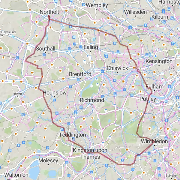 Map miniature of "Norbiton Gravel Adventure" cycling inspiration in Outer London — South, United Kingdom. Generated by Tarmacs.app cycling route planner