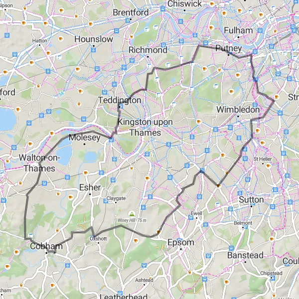 Map miniature of "Royal Park Tour" cycling inspiration in Outer London — South, United Kingdom. Generated by Tarmacs.app cycling route planner