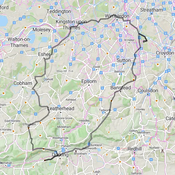 Map miniature of "Challenging South Loop" cycling inspiration in Outer London — South, United Kingdom. Generated by Tarmacs.app cycling route planner