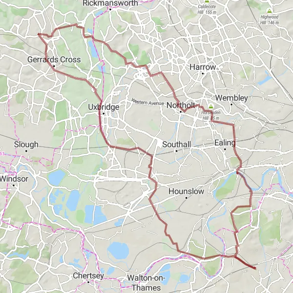 Map miniature of "Cranford and Harefield Explorer" cycling inspiration in Outer London — South, United Kingdom. Generated by Tarmacs.app cycling route planner