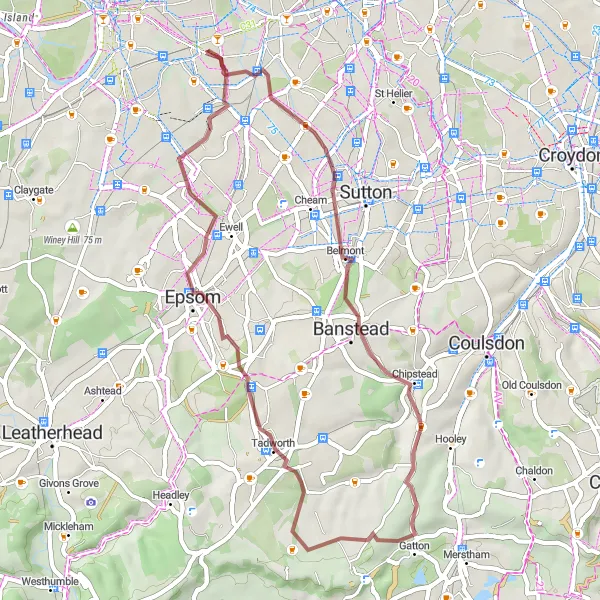 Map miniature of "Belmont to Old Malden Gravel Route" cycling inspiration in Outer London — South, United Kingdom. Generated by Tarmacs.app cycling route planner