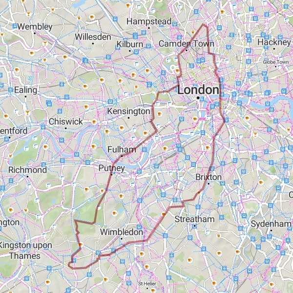 Map miniature of "Putney to Motspur Park Gravel Ride" cycling inspiration in Outer London — South, United Kingdom. Generated by Tarmacs.app cycling route planner