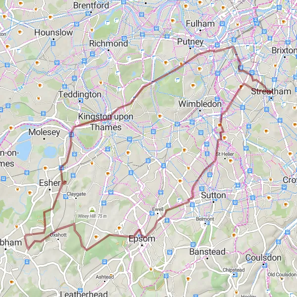 Map miniature of "Norbury to Kingston upon Thames Gravel Adventure" cycling inspiration in Outer London — South, United Kingdom. Generated by Tarmacs.app cycling route planner