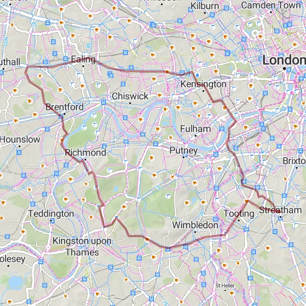 Map miniature of "Wimbledon Loop Gravel Route" cycling inspiration in Outer London — South, United Kingdom. Generated by Tarmacs.app cycling route planner
